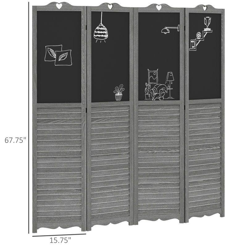 Paravent 4 panneaux pliables avec tableau noir, 5,5 pi, gris