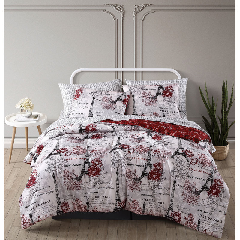 Amour French Polyester Toile Comforter, Black/White, King Comforter + 7 Additional Pieces
