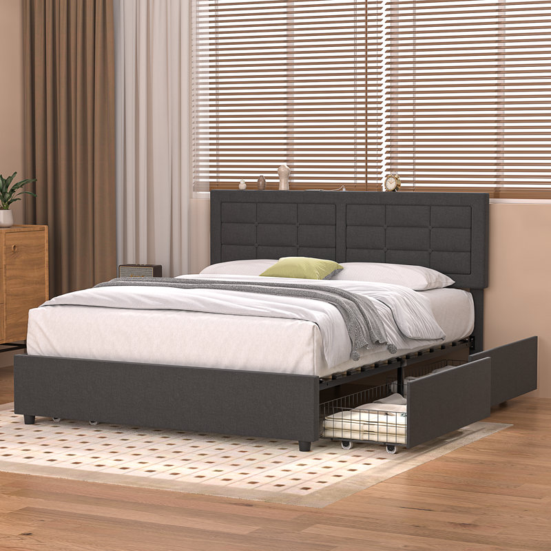 Base de lit pleine grandeur avec 4 tiroirs de rangement et tête de lit capitonnée réglable Kempst, lit plateforme tapissier avec station de charge USB et de type C, support de lattes en bois, aucun sommier nécessaire