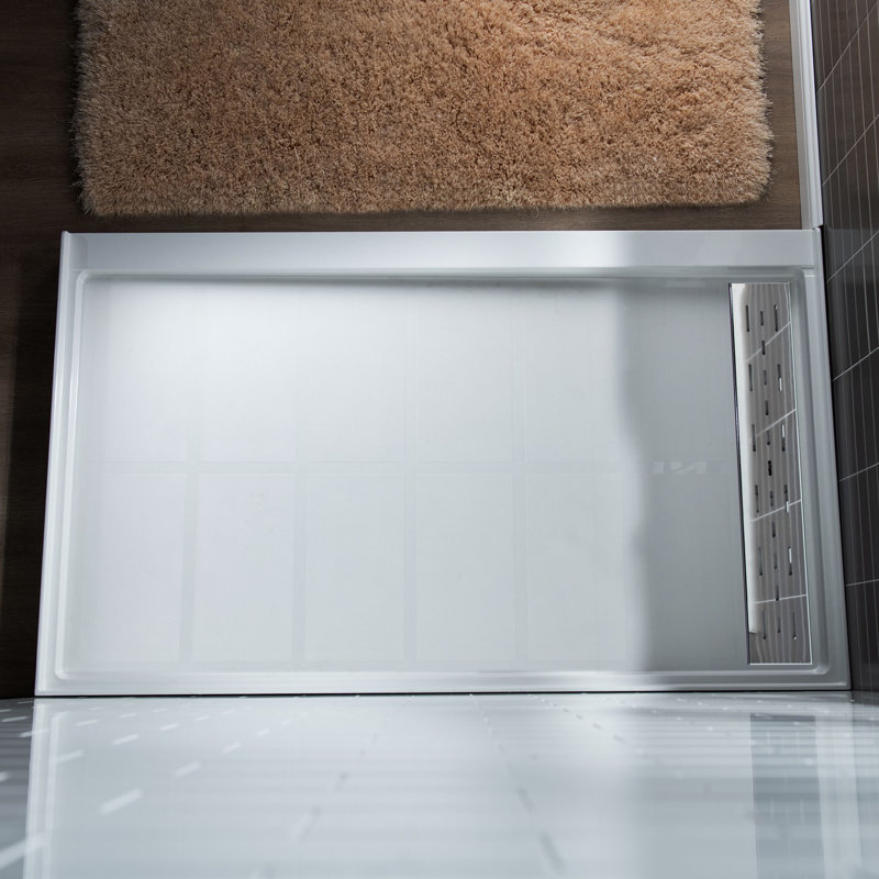 48" W x 32" D Solid Surface Single Threshold Shower Pan Base with Drain Assembly & Drain Cover Included, Non-Slip, Right