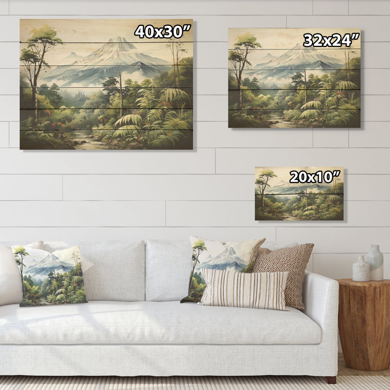 Jungle Volcano Paradise - Ferns Wood Wall Art On Natural Pine Wood, 24" H x 32" W