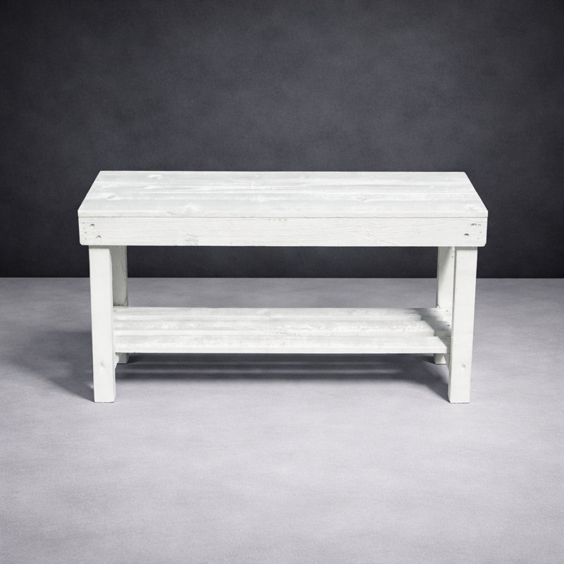 Farmhouse Rustic Bench with Storage Shelf, White
