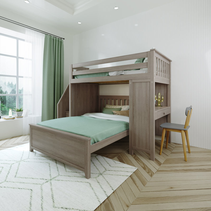 Liles Twin Over Full Bunk Bed with Build-In Desk with Built-In Stairs, Stone