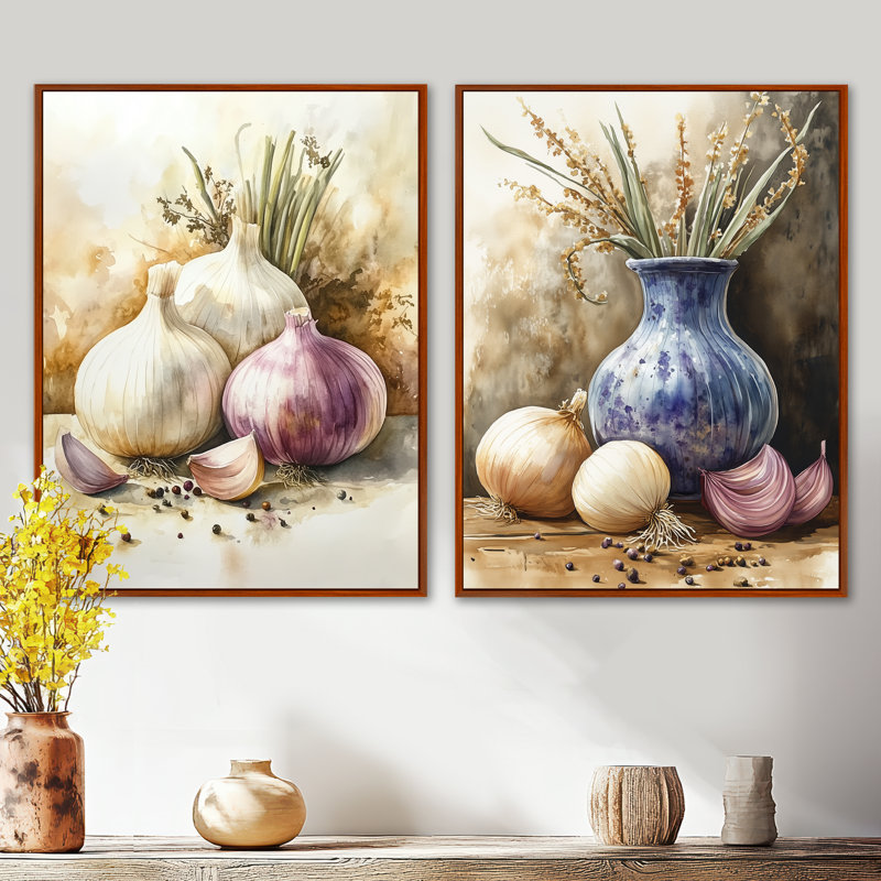 Ensemble de 2 décorations murales pour la cuisine : Ail et Oignon, 40" H x 40" W, Wrapped Canvas