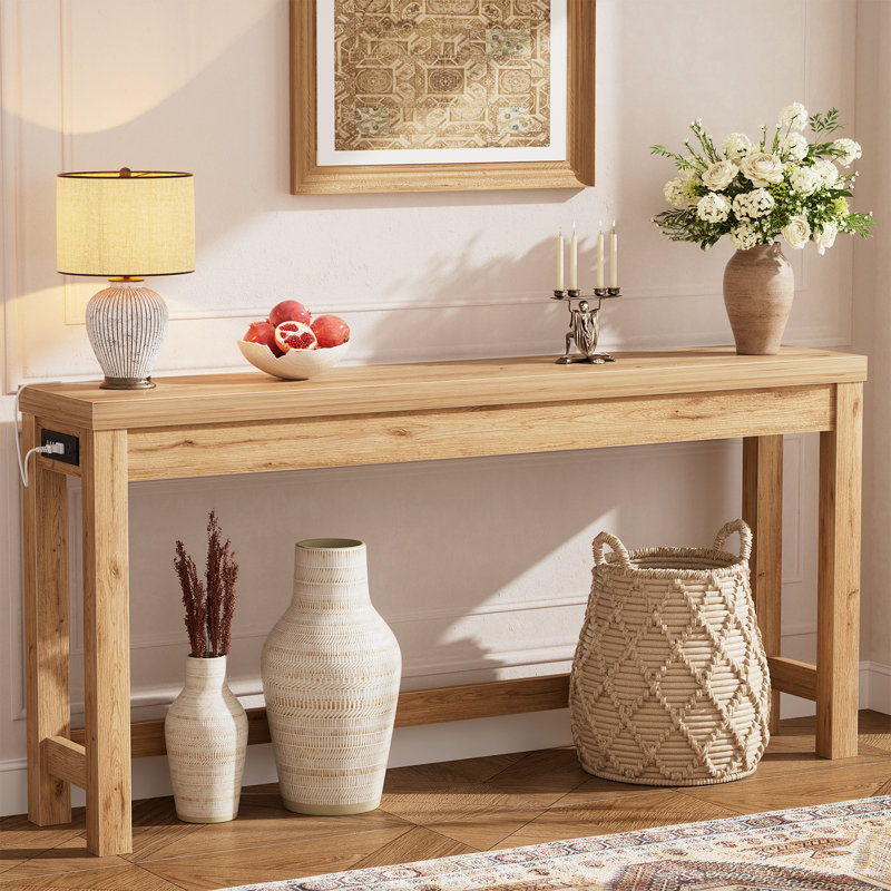 63 Inch Console Table with 3 Outlets, Natural, Natural