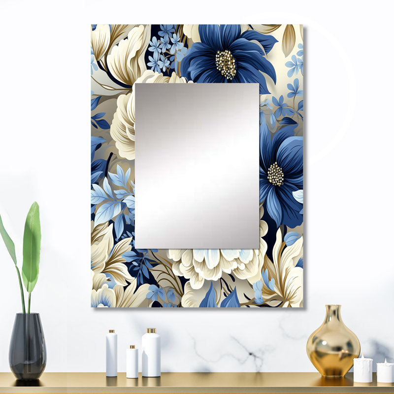 «Antre Coastal Blues White Flowers Blooms», grand miroir floral, miroir mural décoratif floral, impression d'art en métal