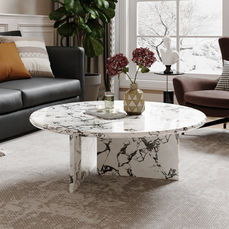 Table basse ovale en marbre véritable 35,4 po Modern, Blanc