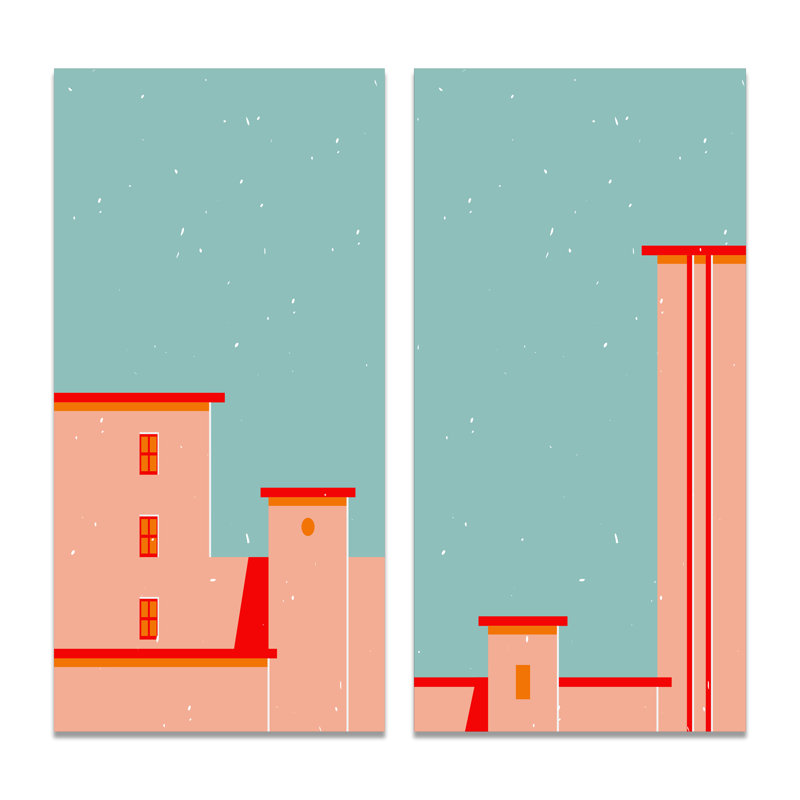 Vintage Geometric Cityscapes I - 2 Piece Print Set on Canvas, Wrapped Canvas, 20" H x 24" W x 1" D