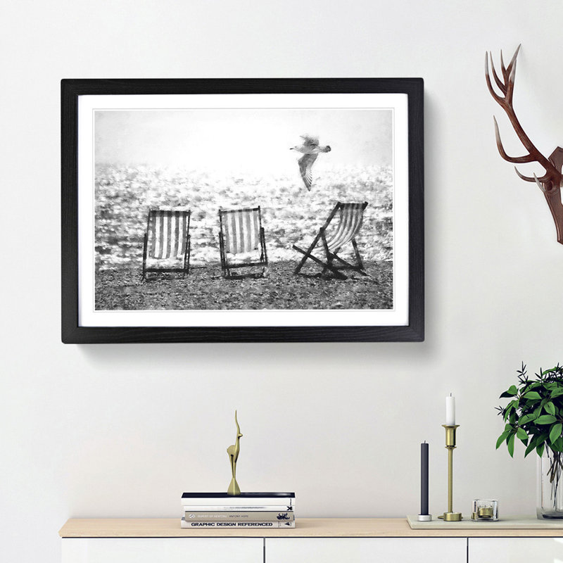 Seagull Flying Over Brighton Beach - Single Picture Frame Painting on MDF, Black Framed, 62cm H x 87cm W x 2cm D
