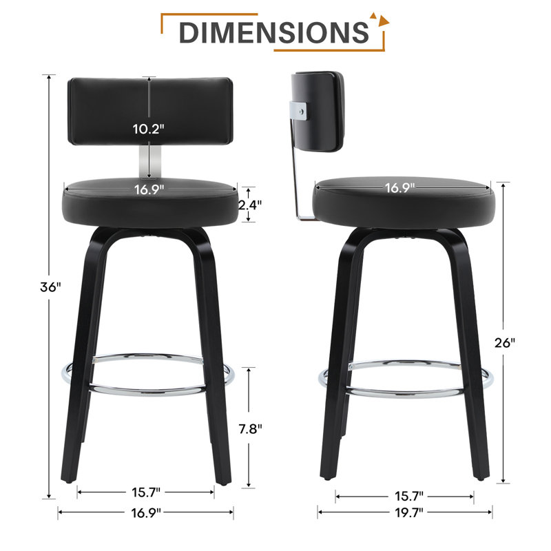 Swivel Upholstered Stool With T-Shaped Backrest, Counter Stool (26" Seat Height), Black, 1