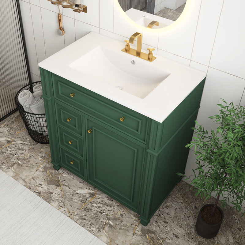 Meuble-lavabo vert 30 po avec lavabo en céramique, meuble de rangement avec portes à fermeture douce et organisateur de porte et tiroirs