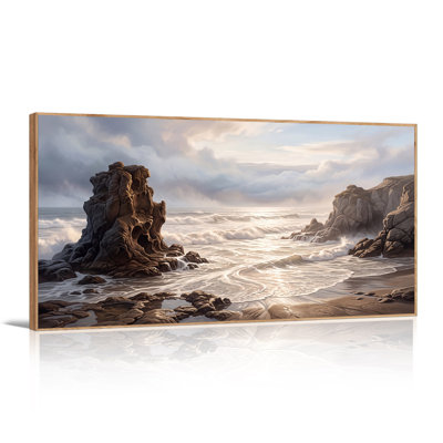Dark Rock Cliffs On Sandy Beach With Crashing Ocean Waves Canvas Wall Art