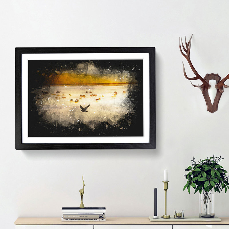 Birds On The Beach - Single Picture Frame Print on MDF, 62cm H x 87cm W x 2cm D, Black Framed