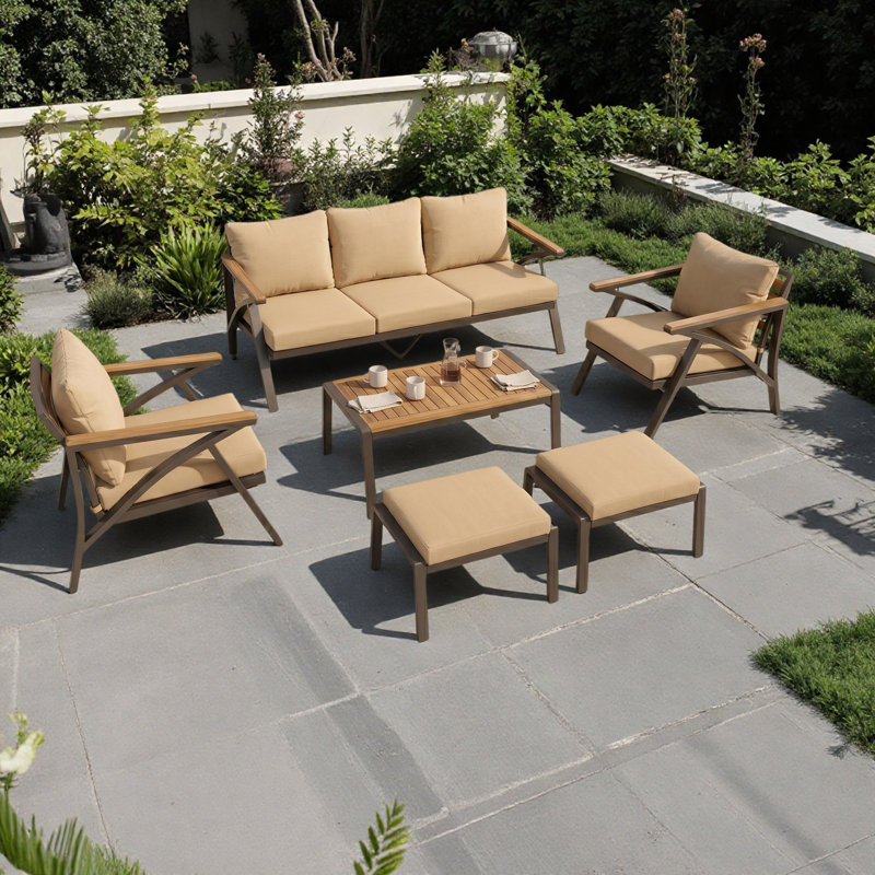 Ensemble de conversation modulaire d'extérieur en acacia 6 pièces pour patio, Brun