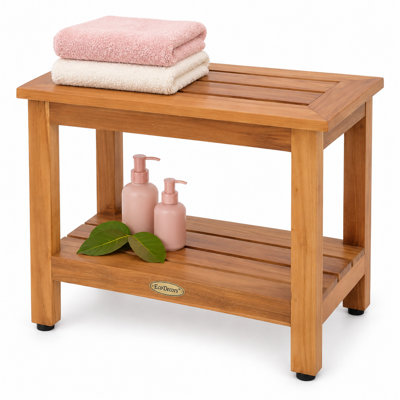 EcoDecors 18 Inch Teak Shower Bench with Shelf, Waterproof Spa Seat