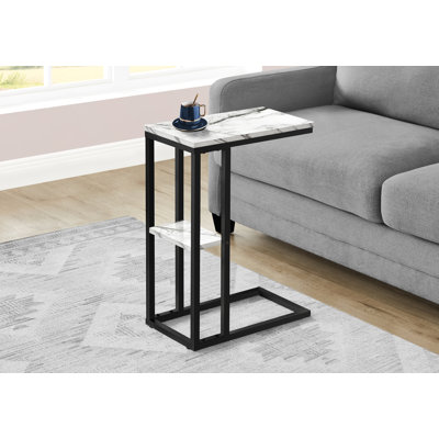 Table d'appoint, en forme de C, bout, côté, collation, salon, chambre à coucher, stratifié aspect marbre blanc, métal noir, contemporain, moderne
