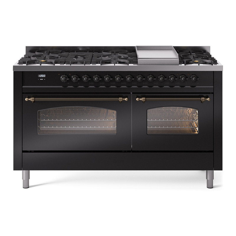 ILVE Nostalgie II 60 Dual Fuel Range, 9 Burners, Griddle, Glossy Black/Bronze, Natural Gas
