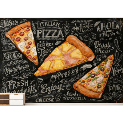 Papier peint pizzéria rétro - Illustration de pizza italienne avec illustrations de nourriture rustique, décor de cuisine en tissu pour restaurant 1159DRS