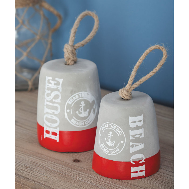Gray Cement Coastal Buoy Door Stopper with Rope Accents, Set of 2