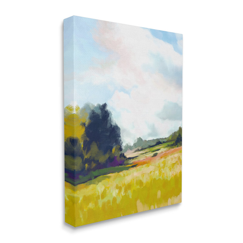 Paysage de campagne pré sur toile par Amy Hall, peinture, H 30 po x l 24 po x P 1,5 po, Giclée encadrée noir minuit