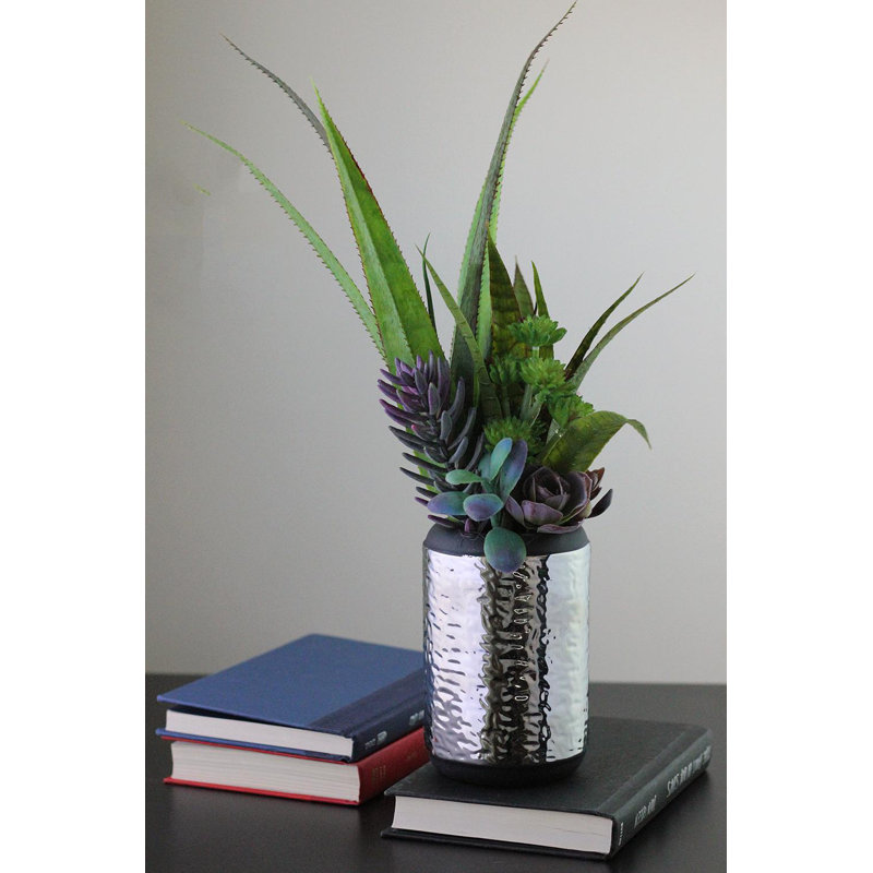 Arrangement de plantes succulentes et d'agave 19 po dans un pot en céramique argenté