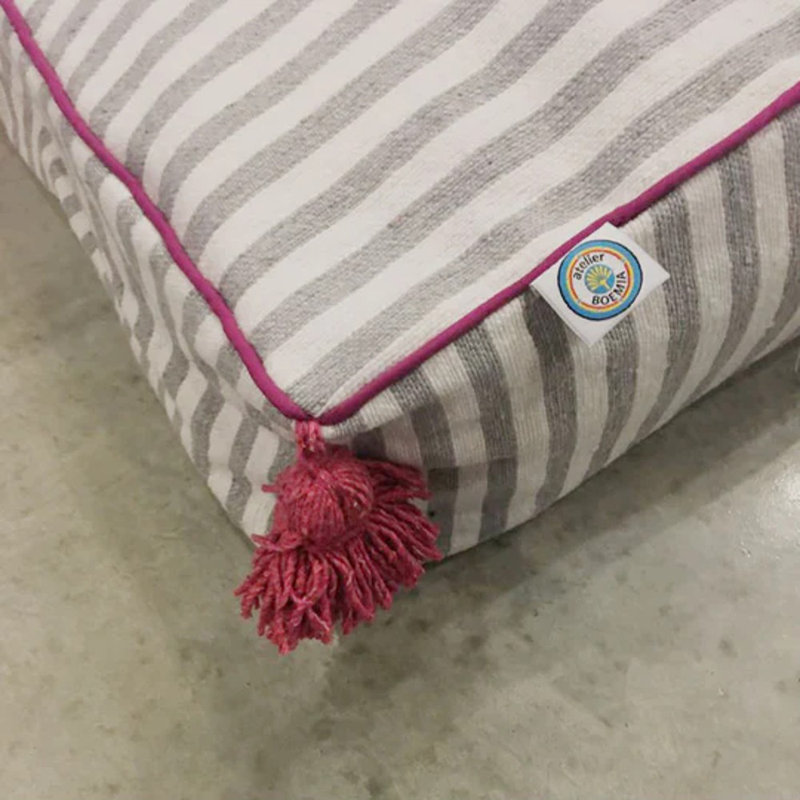 Striped Cotton Pet Bed, Gray/White/Fuchsia