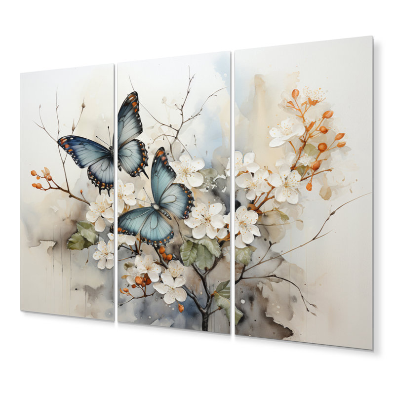 Blue White Butterfly Glimpse Of Serendipity - Animals Wall Art Print Set, H 28 po x l 36 po, Métal métal