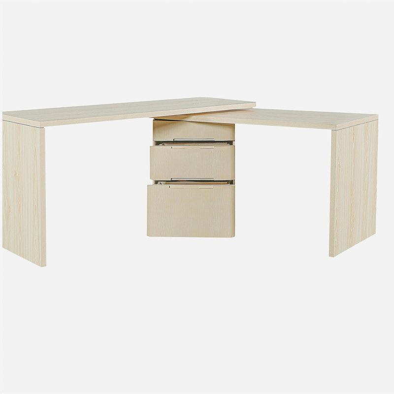 Bureau moderne en L 90 po en bois naturel avec 3 tiroirs, bureau pivotant à 360 ° en bois, bureau de direction, bureau d'angle, bureau d'étude, pour le bureau à domicile ou le salon