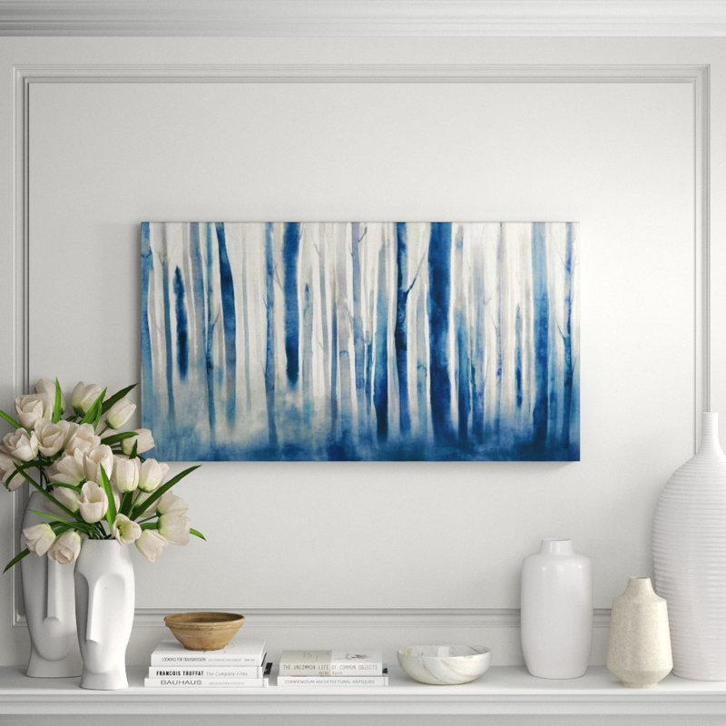 Forest In Blue Print by Elle Youngstrom, 30" H x 55" W x 1.5" D, Glass Coat