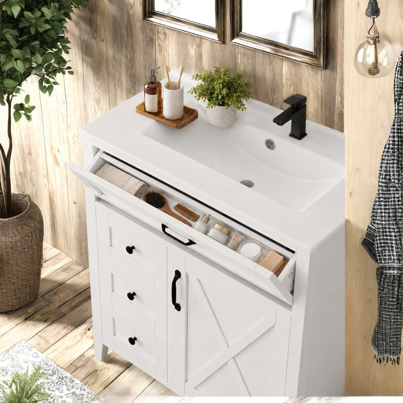 Meuble-lavabo et évier de style maison de ferme en pouces, meubles-lavabos en panneau de fibres à densité moyenne blancs