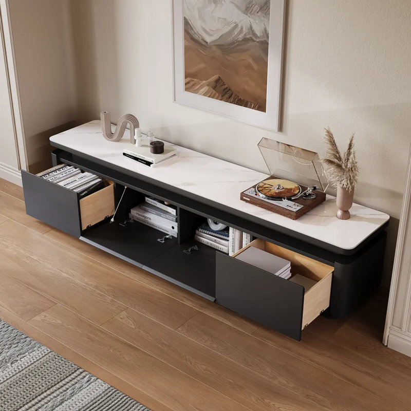 Modern TV Stand With Adjustable LED Lights, Sintered Stone Top, Fully Assembled, 15.75"H x 79"L x 15.95"W, Black/White