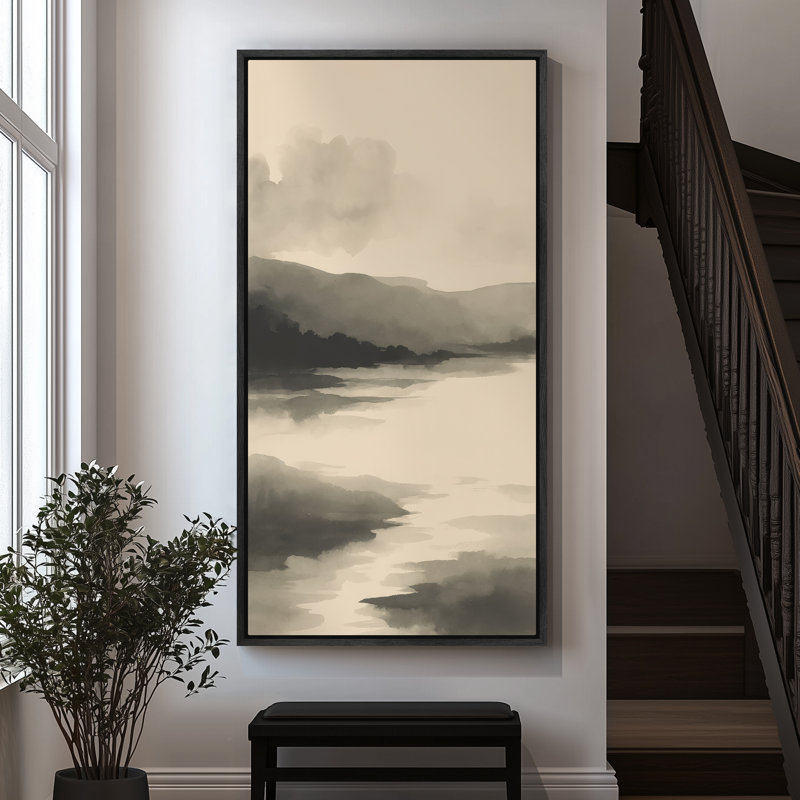 «Neutral Tone Lake Landscape», art mural encadré sur toile, H 60 po x l 30 po, Noir