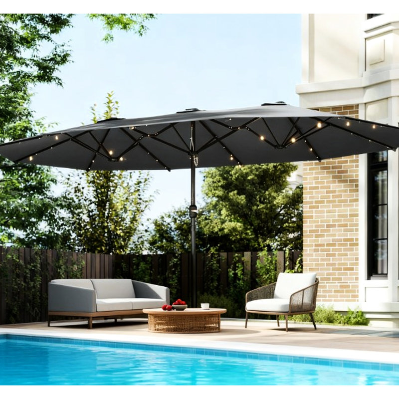 Parasol de patio avec 36 lumières à DEL solaires et auvent double, structure en acier avec 12 nervures de soutien, ouverture facile de la manivelle, matériau gris, 14,4 pi de longueur, 8,4 pi de largeur, 7,9 pi de hauteur, base à double DEL