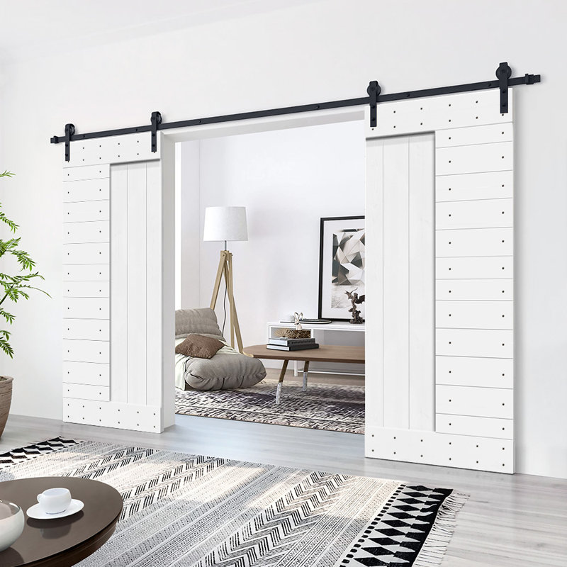 Porte de grange à panneaux et en bois avec quincaillerie d'installation, 48 po x 84 po, Blanc pur