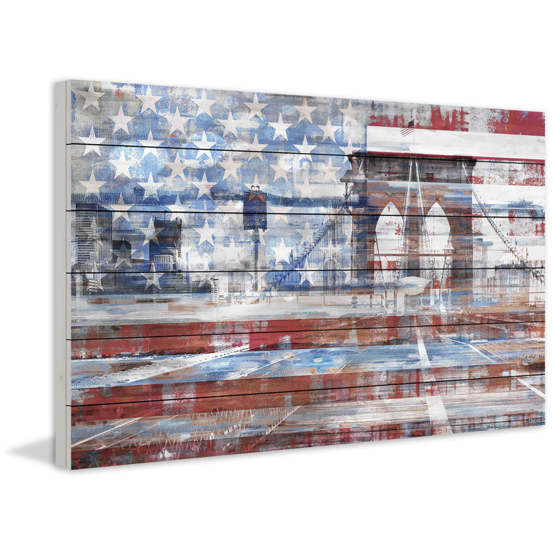 Reproduction d’art sur bois « patriotic overlay » par parvez taj, H 30 po x l 45 po x P 1,5 po