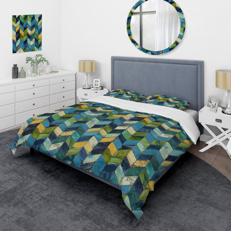 Ensemble de housse de couette à motif de chevrons bleu et vert III, Housse de couette pour grand lit et 2 taies décor
