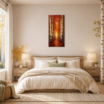  Très grand art mural vertical en bouleau vertical, chemin lumineux à travers une forêt d'automne rouge et orange, décor de forêt spectaculaire pour le hall d'entrée, le salon et la cabane 24 x 47 po
