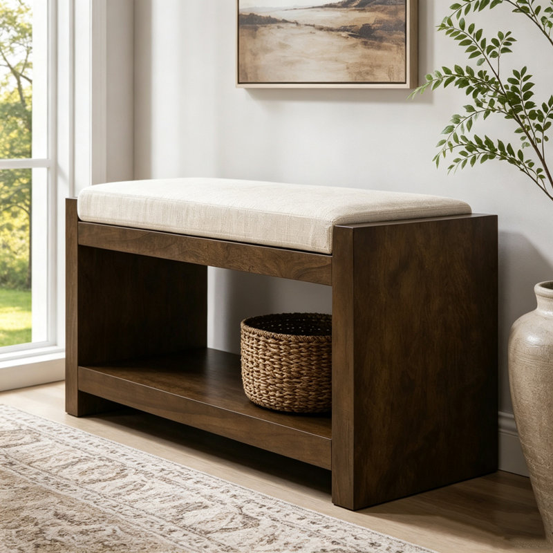 Banc d'appoint avec tablette inférieure et coussin amovible, Ivoire ivoire