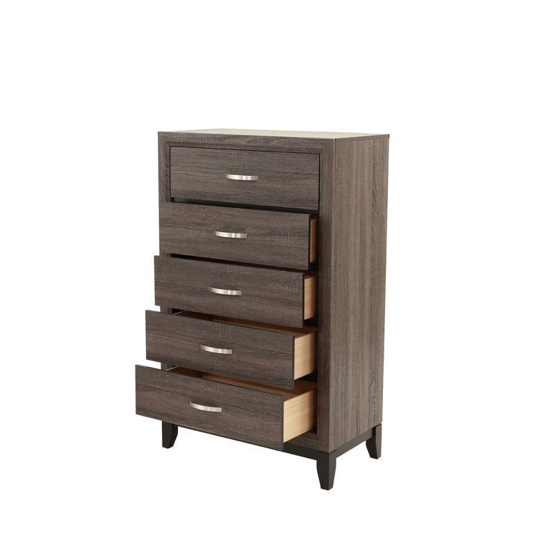 Ensemble de meubles de chambre à coucher élégants avec finition en chêne gris rustique et cinq tiroirs pour un grand rangement