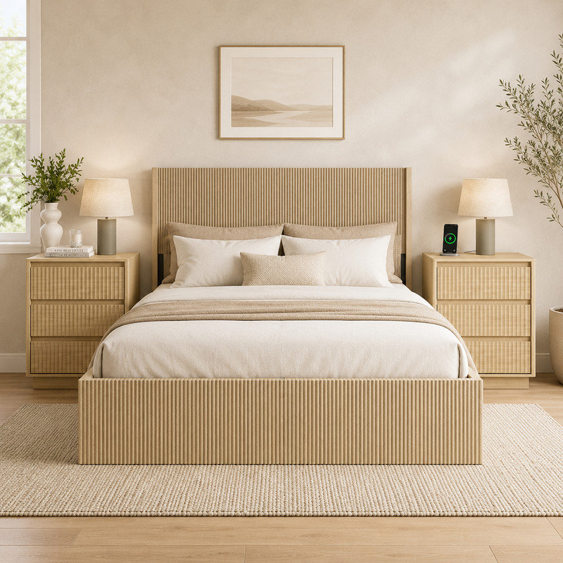 Ensemble de chambre à coucher 3 épices, base de lit plateforme cannelée avec rangement relevable, ensemble de 2 tables de chevet avec station de charge USB C rapide
