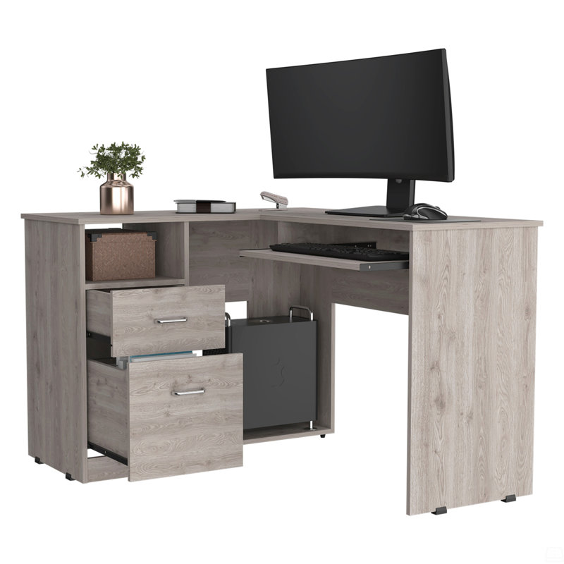 2-Drawer 1-Shelf L-Shaped Computer Desk, Gray