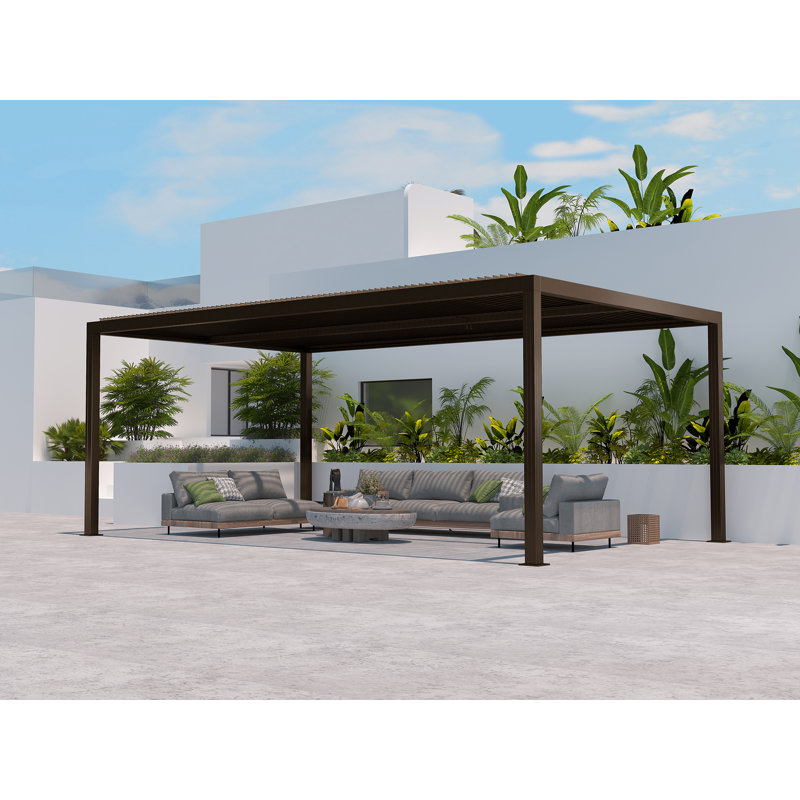 16 pi L 12 pi. Pergola en aluminium avec abat-jour roulant, 1 côté long