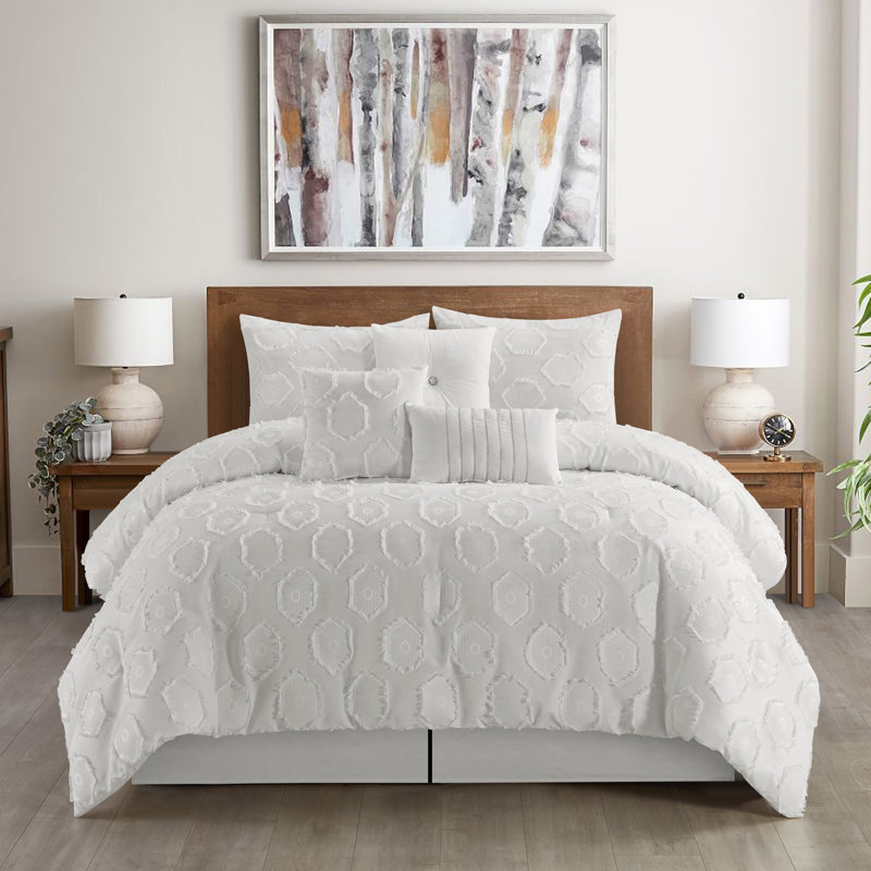 Faust Microfiber 7 Piece Comforter Set, Queen Comforter + 6 Additional Pieces , White