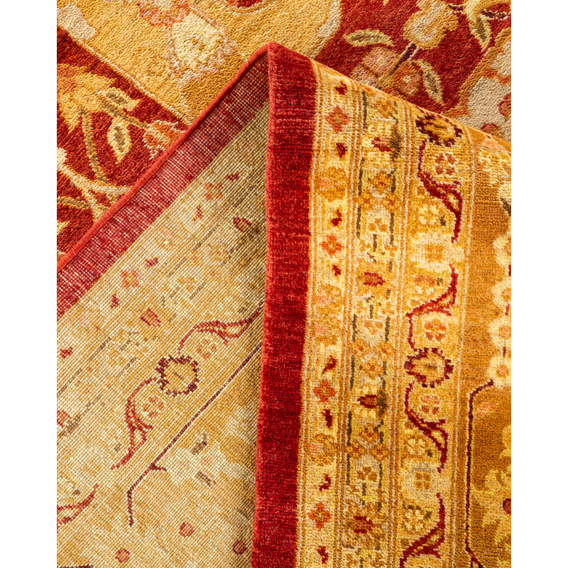 Tapis ivoire / orange en laine noué à la main de conception unique 10 pi 1 po x 13 pi 8 po New Age