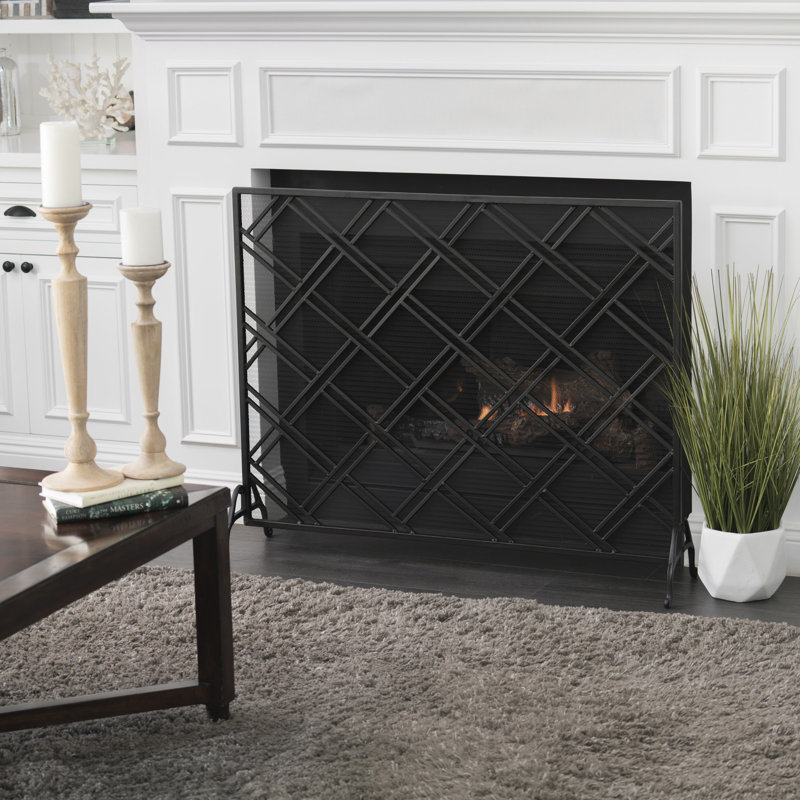 Single‑panel black metal fireplace fire screen