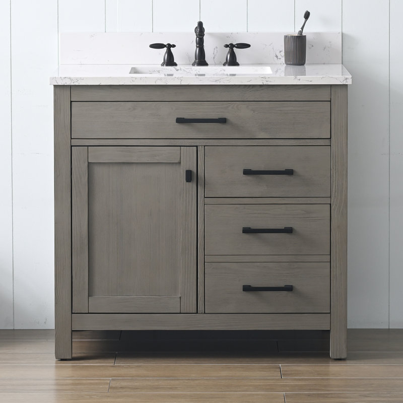 Ensemble de meuble-lavabo simple 36 po Ajiya, Gris texturé / noir mat, Blanc de Carrare