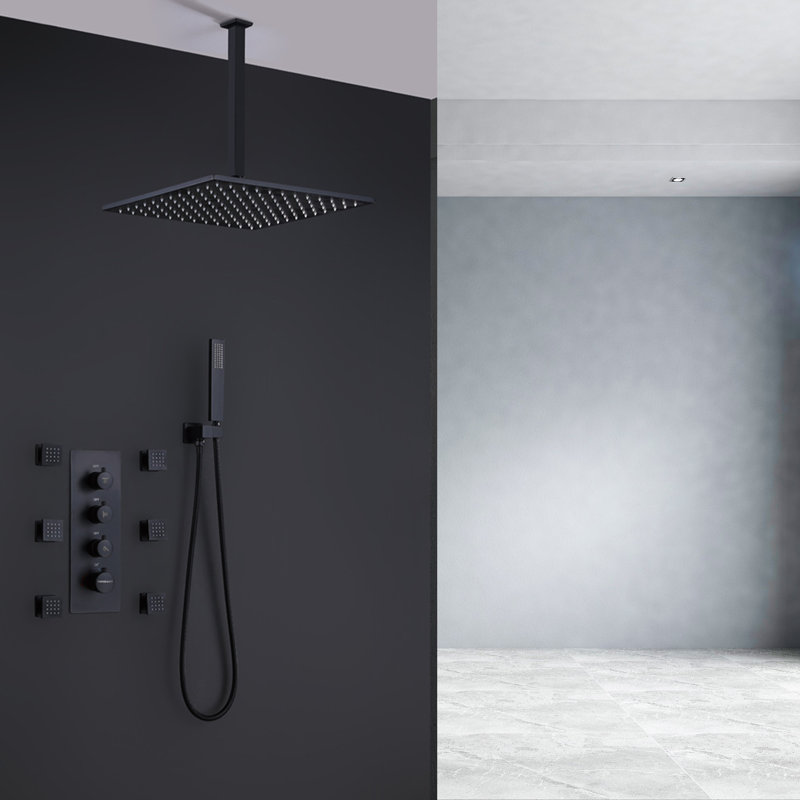 Luxury Ceiling Mounted Thermostatic Shower System With Hand Shower And Body Jets, Matte Black
