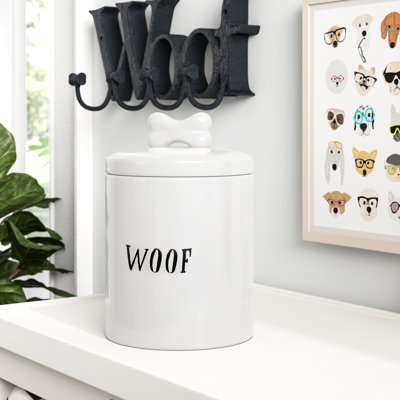 Pot à friandises en céramique avec message «Wouf» et couvercle en os