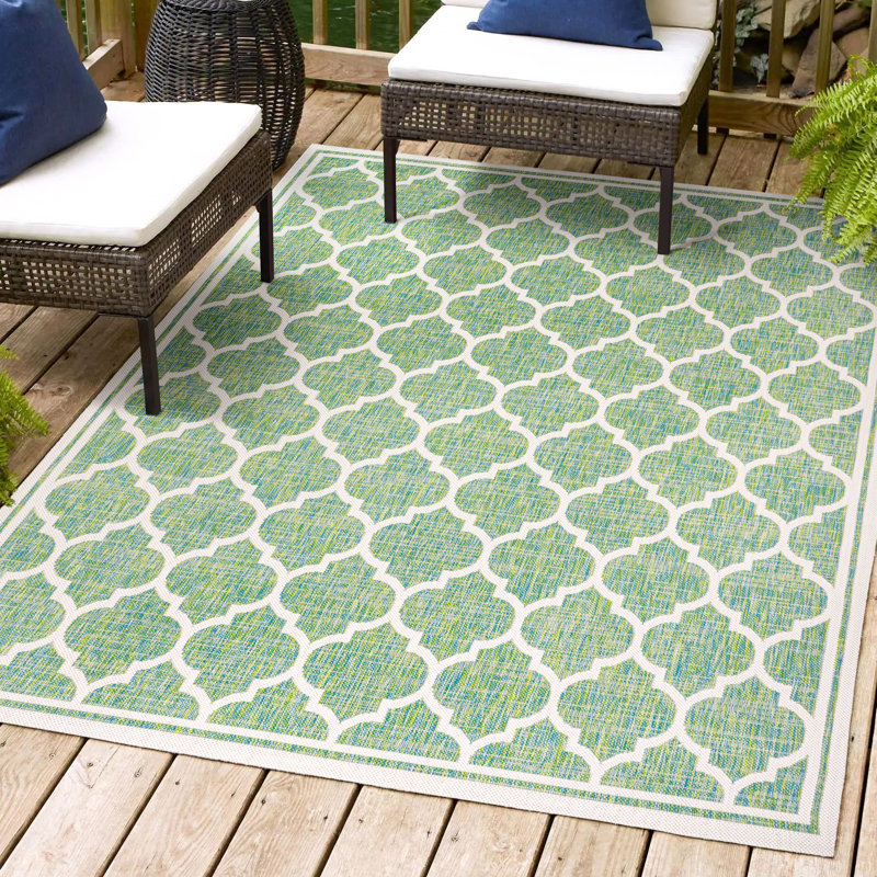 Tapis d'intérieur / extérieur crème / vert Trebol, Rectangle 9 pi x 12 pi