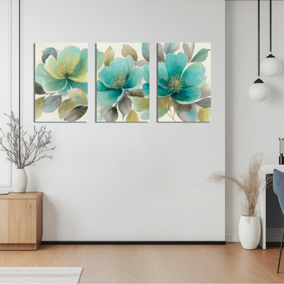 Sarcelle et vert, aquarelle florale sur toile tendue, reproduction d'art sur toile, ensemble de 3